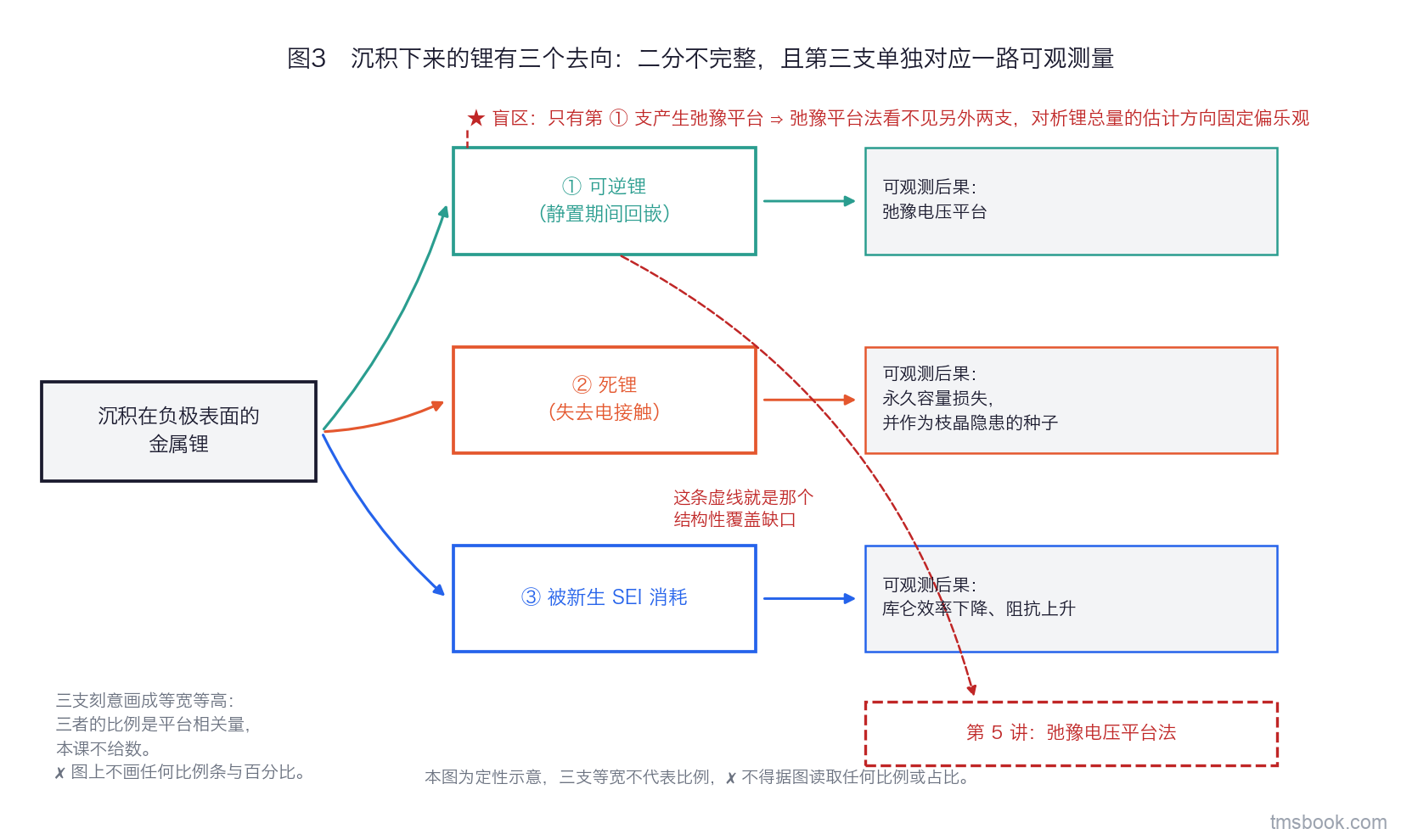 图3 沉积在负极表面的金属锂向右分出三支等宽路径：可逆锂（静置期间回嵌）、死锂（失去电接触）、被新生 SEI 消耗；三支末端分别连到弛豫电压平台、永久容量损失并作为枝晶隐患的种子、库仑效率下降与阻抗上升。第一支旁挂盲区标签「只有这一支产生弛豫平台」，并用虚线连到弛豫平台方法框。图上不画任何比例条与百分比。本图为定性示意，三支等宽不代表比例，不得据图取值。