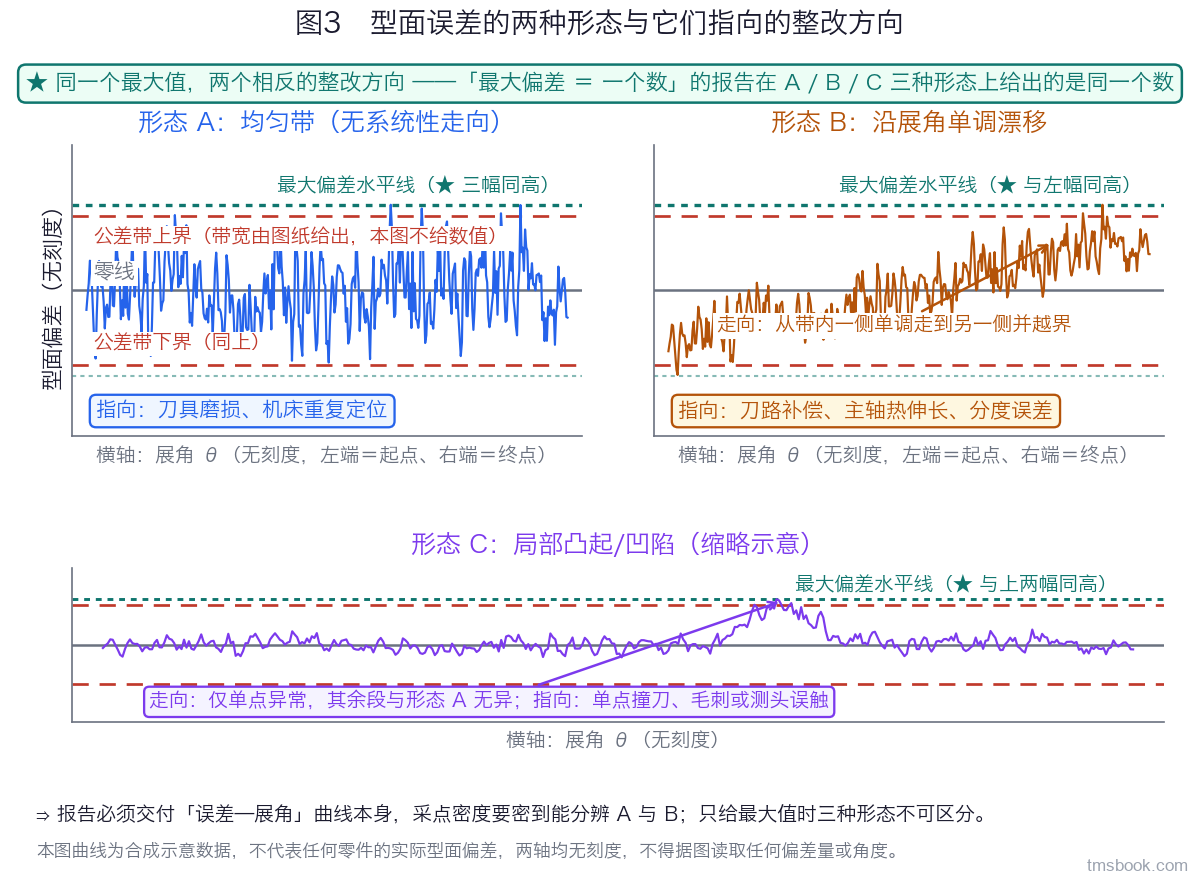 图3 型面误差的两种形态与它们指向的整改方向：双联图共用纵轴「型面偏差」（无刻度，只标零线与两条对称的公差带虚线，带宽标注为「由图纸给出」）与横轴「展角 θ」（无刻度，只标起点与终点）。左幅「形态 A：均匀带」——偏差在零线两侧呈宽度大致恒定的带状散布、无系统性走向，幅内标注框写「指向：刀具磨损、机床重复定位」；右幅「形态 B：沿展角单调漂移」——偏差从带内一侧逐渐走到另一侧甚至越界，幅内标注框写「指向：刀路补偿、主轴热伸长、分度误差」；两幅在同一高度各画一条水平虚线标出「两幅的最大偏差值相同」，两幅之间放大号提示框「同一个最大值，两个相反的整改方向」；图下方另加一小幅「形态 C：局部凸起/凹陷」缩略示意，标「指向：单点撞刀、毛刺或测头误触」。本图曲线为合成示意数据，不代表任何零件的实际型面偏差，两轴均无刻度，⛔ 不得据图读取任何偏差量或角度。