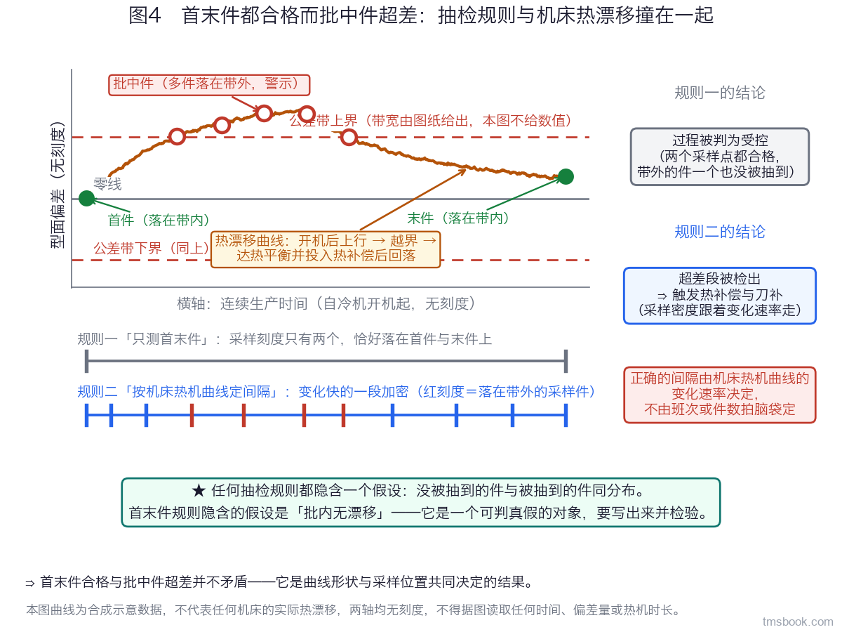 图4 抽检规则撞上机床热漂移：横轴为「连续生产时间（自冷机开机起）」（无刻度），纵轴为「型面偏差」（无刻度，标零线与上下公差带虚线）。主曲线为机床热机过程造成的偏差漂移——开机后逐渐上行、越过公差带上界一段时间，随后随机床达到热平衡并投入热补偿而回落到带内，形成中间鼓起的曲线；曲线上打三类标记：首件（落在带内，画在曲线起点）、末件（落在带内，画在曲线末端）、批中若干件（多个落在带外的点，用警示红标出）。图下方两条并列的抽检规则时间轴取样自同一条曲线：规则一「只测首末件」只有两个采样刻度且恰好落在两个合格点上，右端结论框写「过程被判为受控」；规则二「按机床热机曲线定间隔」采样刻度按曲线变化速率加密、捕捉到超差段，右端结论框写「超差段被检出，触发热补偿与刀补」；两条规则轴之间的提示框写「任何抽检规则都隐含一个假设：没被抽到的件与被抽到的件同分布。首末件规则隐含的假设是『批内无漂移』。」本图曲线为合成示意数据，不代表任何机床的实际热漂移，两轴均无刻度，⛔ 不得据图读取任何时间、偏差量或热机时长。
