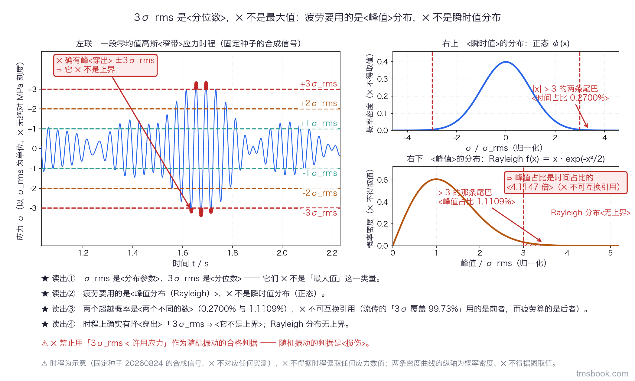 图3 左联是一段零均值高斯窄带应力时程，叠上 ±1σ_rms、±2σ_rms、±3σ_rms 三对水平虚线，有若干个峰穿出最外一对；右联上下分栏画瞬时值的正态密度与峰值的 Rayleigh 密度，两块尾部阴影分别标注 0.2700% 与 1.1109%。时程段为示意（固定种子的合成信号，⛔ 不对应任何实测）。