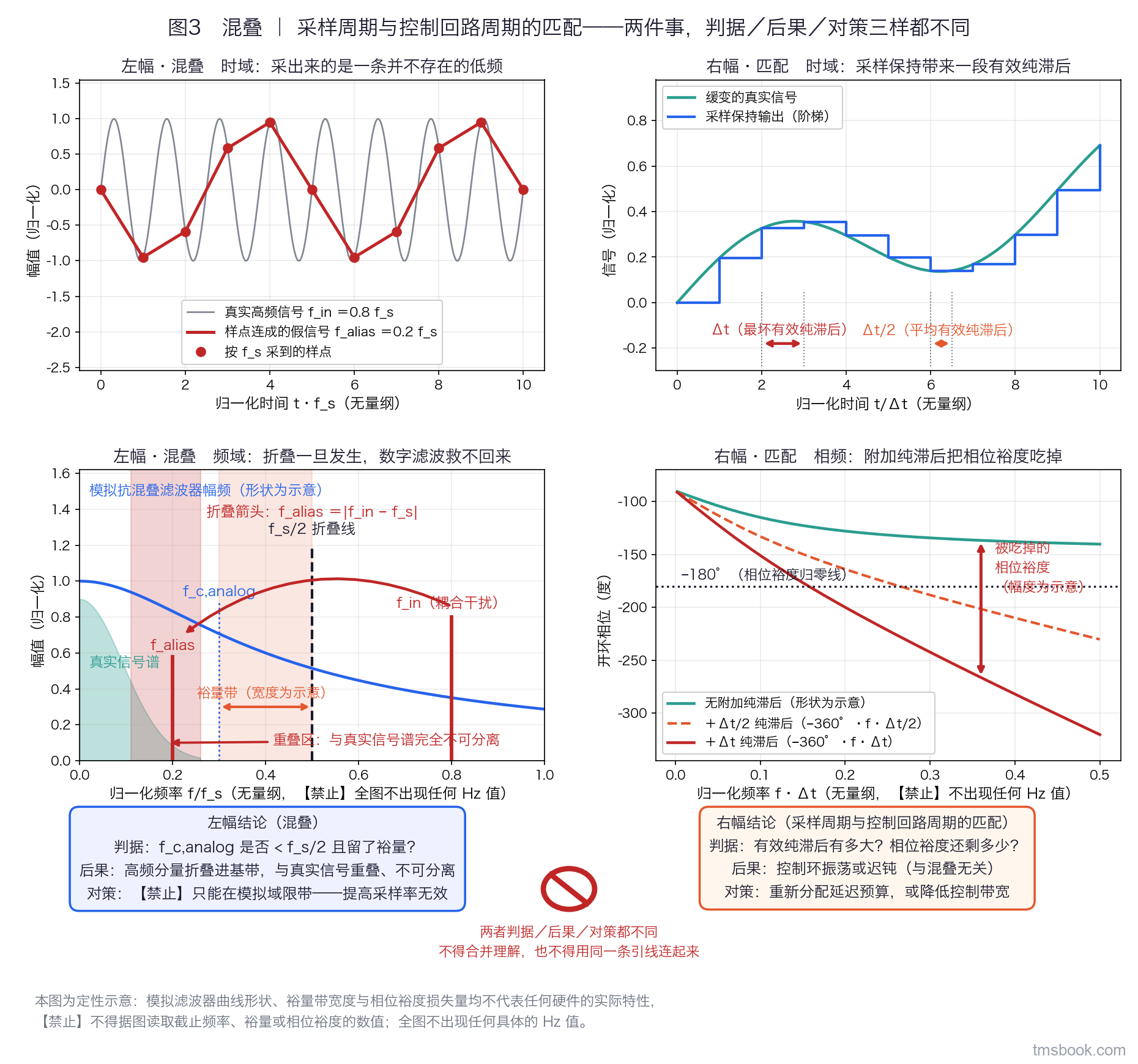 图3 双联图，中间以醒目的禁止符号隔开。左幅混叠：上半为时域，画一条高频正弦 f_in 与按 f_s 采到的样点，样点连成一条频率低得多的假信号 f_alias；下半为频域，横轴归一化频率，标出 f_s/2 折叠线、f_in 经折叠箭头映到 f_alias、模拟抗混叠滤波器的幅频曲线压在 f_s/2 左侧并标出裕量带、折叠后与真实信号谱的重叠区涂色并标注不可分离。右幅匹配：上半时域画缓变真实信号与阶梯状采样保持输出，标出平均 Δt/2 与最坏 Δt 两条有效纯滞后标注；下半画开环相频曲线因附加纯滞后而下移，标出被吃掉的那一段相位裕度。两幅底部各有判据、后果、对策三行结论框。全图不出现任何具体的 Hz 值；模拟滤波器曲线形状、裕量带宽度与裕度损失量均为定性示意，不得据图读取截止频率、裕量或相位裕度的数值。